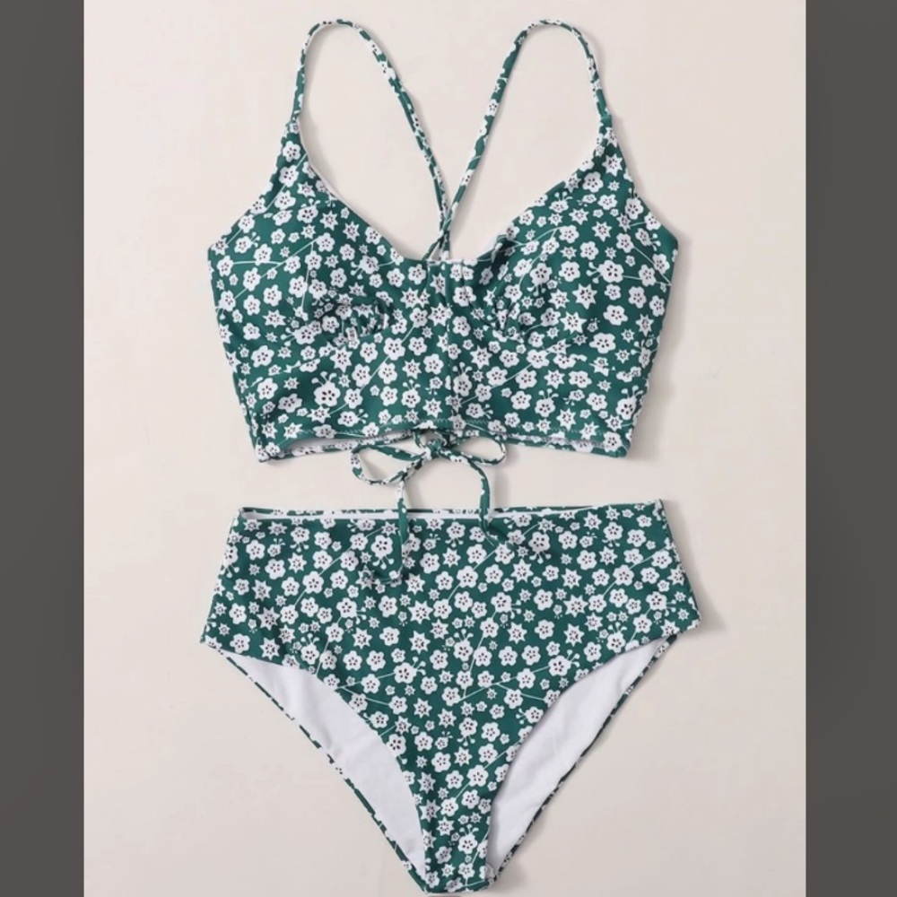 Lace Up Floral Bikini Swimsuit, size M